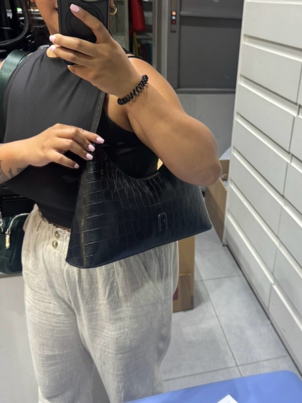 Furla Diamante Black Crocodile Embossed Shoulder Bag - Picture 10 of 10